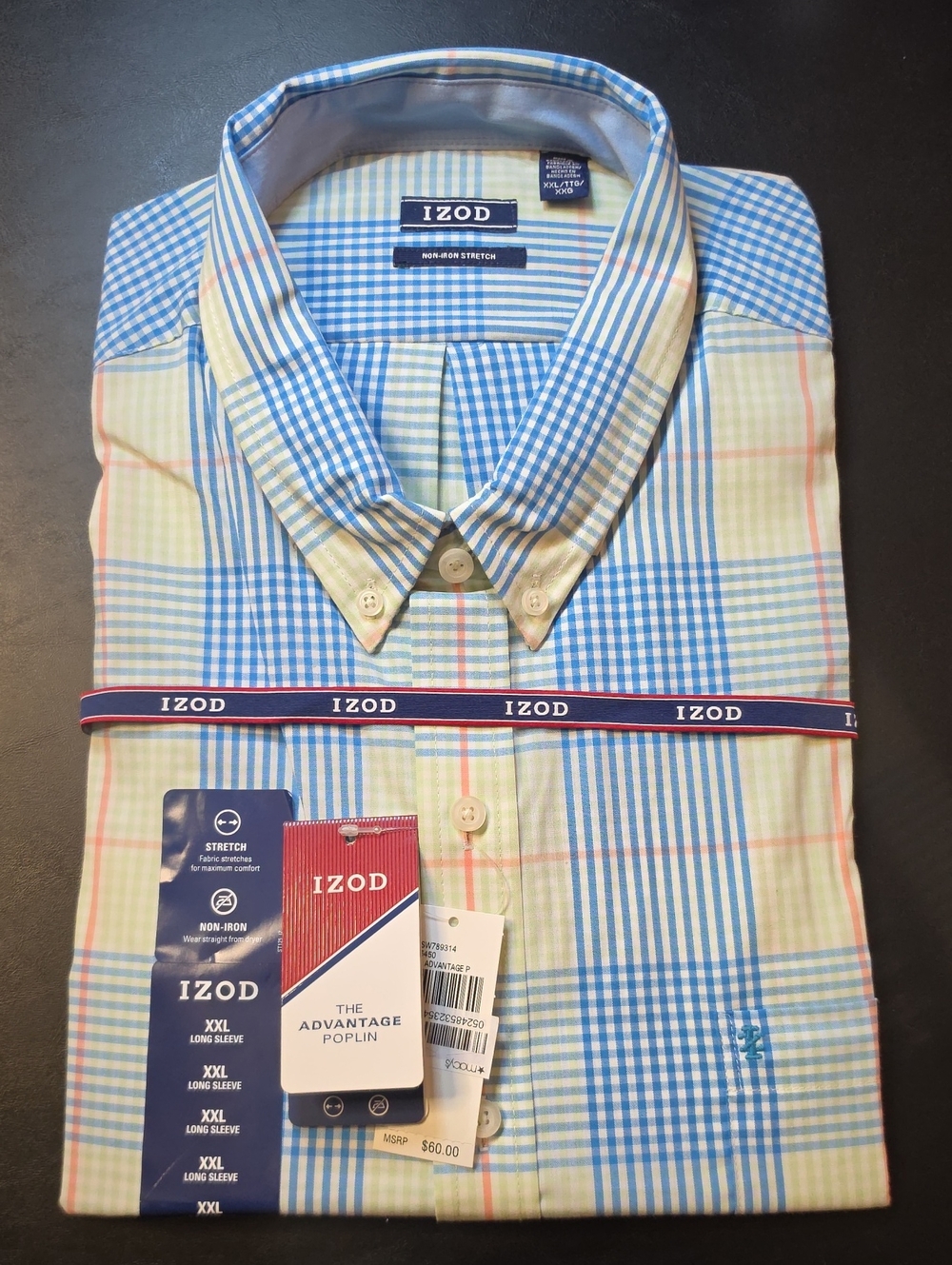 Izod Men's Blue and Light Green Plaid Poplin Button-Down Shirt
